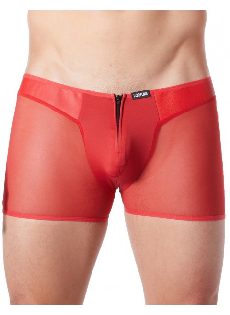 Boxer rouge sexy avec fermeture éclair et côtés style cuir et maille transparente - LM813-67RED