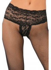 Collant noir résille effet string brésilien dentelle florale et coutures arrières - REN9028-BLK