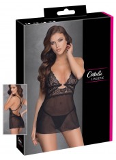 Nuisette noire en dentelle et résille transparente avec string - R2741334