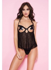 Babydoll noire transparente seins nus et string assorti - ML59088BLK