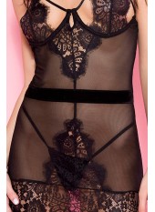 Nuisette noire tulle dentelle poitrine dénudée ornements - ML60081BLK