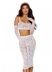 Ensemble 2 pièces, brassière résille fantaisie et jupe longue assorti - DG12921WHT