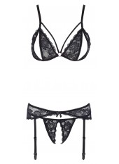 Ensemble trois pièces avec soutien-gorge fendu, porte-jarretelles et string noir - R2230348