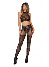 Ensemble Brassière fine résille et collant imprimé - DG0391BLK