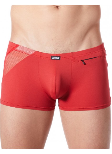 Boxer rouge sexy avec bandes fine résille et déco zippée - LM808-67RED