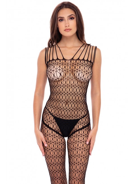 Bodystocking large maille ouvert à l'entrejambe - REN7095-BLK