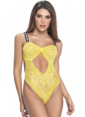 Body string en dentelle florale jaune et bretelles larges élastiques - MAL8693YLW