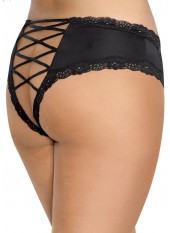 Tanga grande taille noir satiné bordures dentelle ajouré sur les fesses - DG1434XBLK