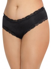 Tanga grande taille noir satiné bordures dentelle ajouré sur les fesses - DG1434XBLK