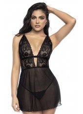 Nuisette avec large décollectée en dentelle et résille noire et string assorti - MAL7500BLK