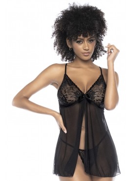 Babydoll en dentelle et résille noire ouvert sur le devant - MAL7501BLK