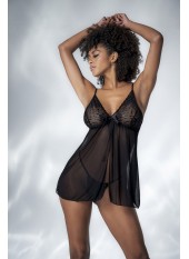 Babydoll en dentelle et résille noire ouvert sur le devant - MAL7501BLK