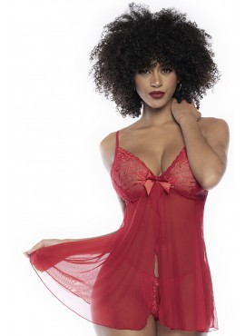 Babydoll en dentelle et résille rouge ouvert sur le devant - MAL7501RED