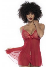 Babydoll en dentelle et résille rouge ouvert sur le devant - MAL7501RED