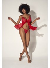 Babydoll en dentelle et résille rouge ouvert sur le devant - MAL7501RED