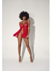 Babydoll en dentelle et résille rouge ouvert sur le devant - MAL7501RED