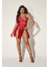 Nuisette dos nu en dentelle rouge et fine résille avec string assorti - MAL7506RED