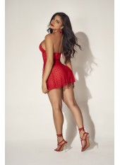 Nuisette dos nu en dentelle rouge et fine résille avec string assorti - MAL7506RED