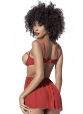 Nuisette fine résille rouge avec bonnets ouverts et string - MAL7508RED