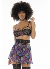 Deux-en-un, nuisette et ensemble trois pièces noir, tissu fleur exotique - MAL7496PRT