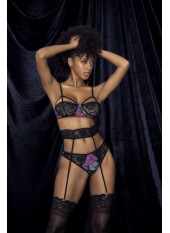 Deux-en-un, nuisette et ensemble trois pièces noir, tissu fleur exotique - MAL7496PRT