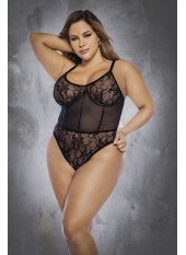 Body noir, grande taille, en résille et dentelle et laçage dans le dos - MAL8800XBLK