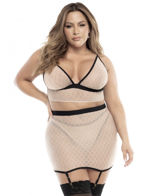 Soutien-gorge, string et jupe, grande taille, résille Chair/Noire - MAL8776XNBL