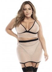 Soutien-gorge, string et jupe, grande taille, résille Chair/Noire - MAL8776XNBL