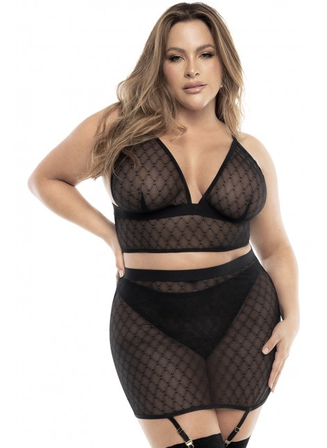 Soutien-gorge, string et jupe, grande taille, résille noire - MAL8776XBLK