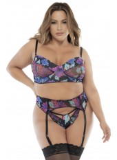 Ensemble trois pièces noir, grande taille, imprimé fleurs exotiques- MAL8770XPRT