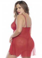 Babydoll, grande taille, en dentelle et résille rouge ouvert sur le devant - MAL7501XRED