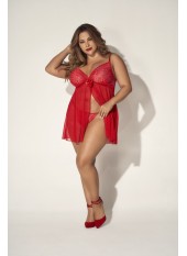 Babydoll, grande taille, en dentelle et résille rouge ouvert sur le devant - MAL7501XRED