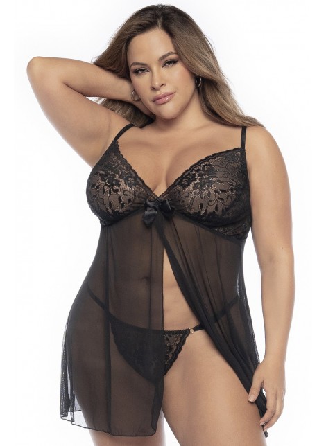 Babydoll, grande taille, en dentelle et résille noire ouvert sur le devant - MAL7501XBLK