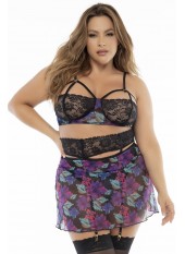 Deux-en-un, nuisette et ensemble trois pièces noir, grande taille, tissu fleur exotique - MAL7496XBLK