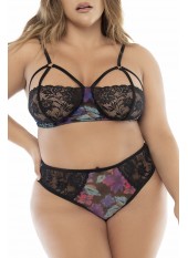 Deux-en-un, nuisette et ensemble trois pièces noir, grande taille, tissu fleur exotique - MAL7496XBLK