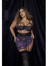 Deux-en-un, nuisette et ensemble trois pièces noir, grande taille, tissu fleur exotique - MAL7496XBLK