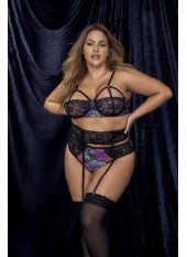 Deux-en-un, nuisette et ensemble trois pièces noir, grande taille, tissu fleur exotique - MAL7496XBLK