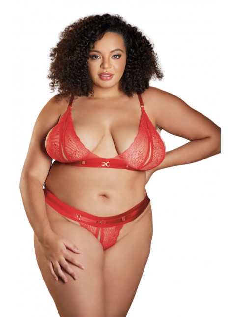 Ensemble 2 pièces rouge grande taille avec soutien gorge fendu et string ouvert STARR - 12-7002XR