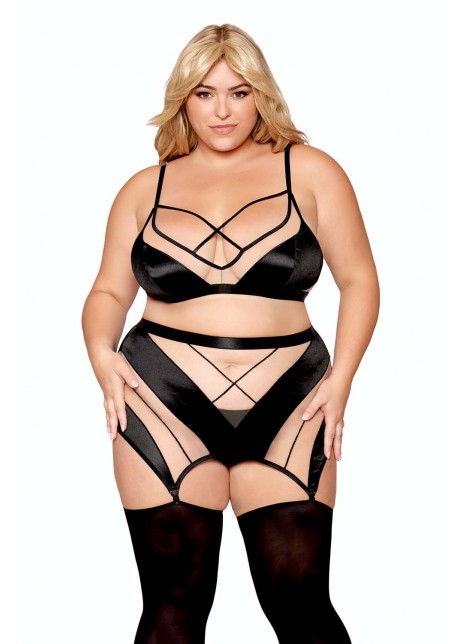 Ensemble grande taille avec Soutien-gorge, jupe porte-jarretelles, string - DG13377XBLK