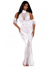 Robe bodystocking en résille et dentelle blanche - DG0490WHT