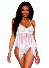 Babydoll et string en résille et dentelle blanche - DG13314WHT