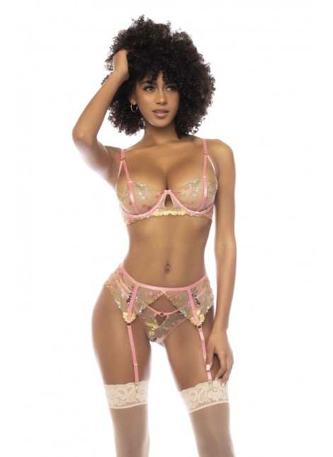 Ensemble 3 pièces avec dentelle brodée florale, soutien gorge avec armatures, porte jarretelles et string assorti -...