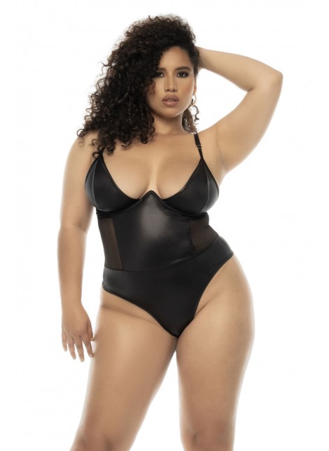 Bodystring Bibi grande taille en wetlook noir avec armatures, bretelles réglables - MAL2752XWBLK