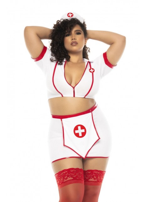 Costume infirmière 3 pièces grande taille, top avec zip fonctionnel, jupe et serre tête - MAL60018XASHW