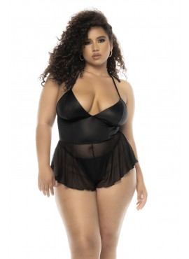 Body effet babydoll Pearl grande taille en wetlook noir et résille, bretelles réglables, zip fonctionnel au dos -...