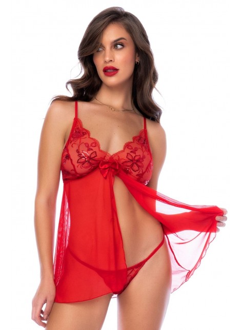 Babydoll rouge et string assorti - MAL7559RD