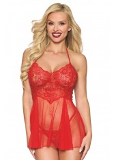 Nuisette rouge en résille et dentelle florale, string assorti - DG13524RED