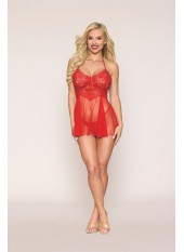 Nuisette rouge en résille et dentelle florale, string assorti - DG13524RED