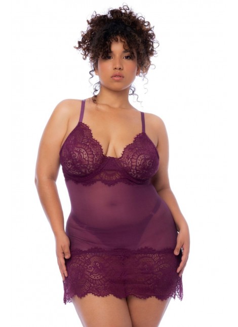 Nuisette en dentelle grande taille bordeaux et string assorti - MAL7554XWINE