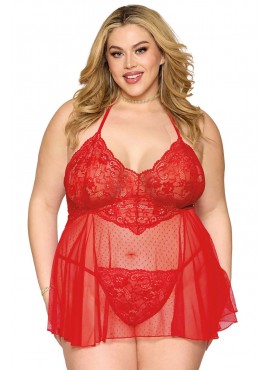 Nuisette grande taille rouge en résille et dentelle florale, string assorti - DG13524XRED